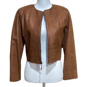 Oscar de la Renta Brown Copper Snakeskin Print Leather Jacket - EUC